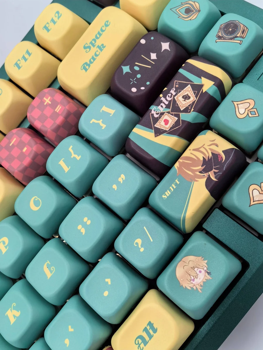 Aventurine FOA PBT Dye-Sub Keycap Set from an angled view. Highlights mystical greens, gold flecks, and the ergonomic FOA profile. Artistic and unique design.