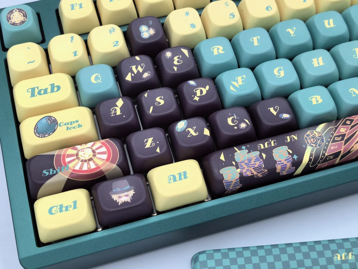 Aventurine FOA PBT Dye-Sub keycaps set artfully displayed, showcasing mystical green and shimmering gold flecks, emphasizing the ergonomic sculpted FOA profile design.