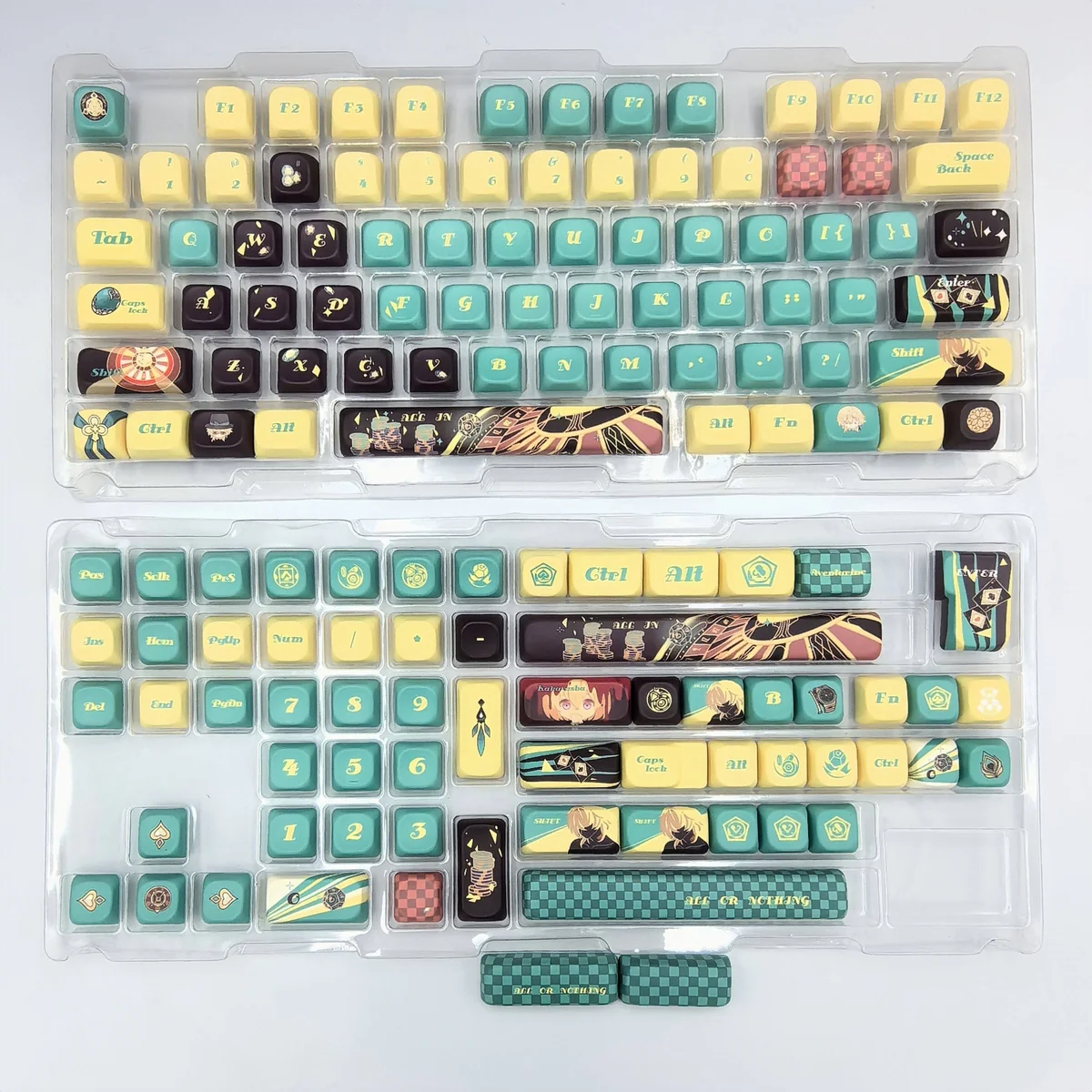 Aventurine FOA PBT Dye-Sub keycaps set, displaying mystical green hues and shimmering gold flecks from various angles. Highlights the ergonomic sculpted FOA Profile design.
