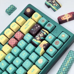 Mystical Aventurine Keycaps Set in FOA PBT Dye-Sub profile, showcasing deep greens with shimmering gold flecks and an ergonomic sculpted design.