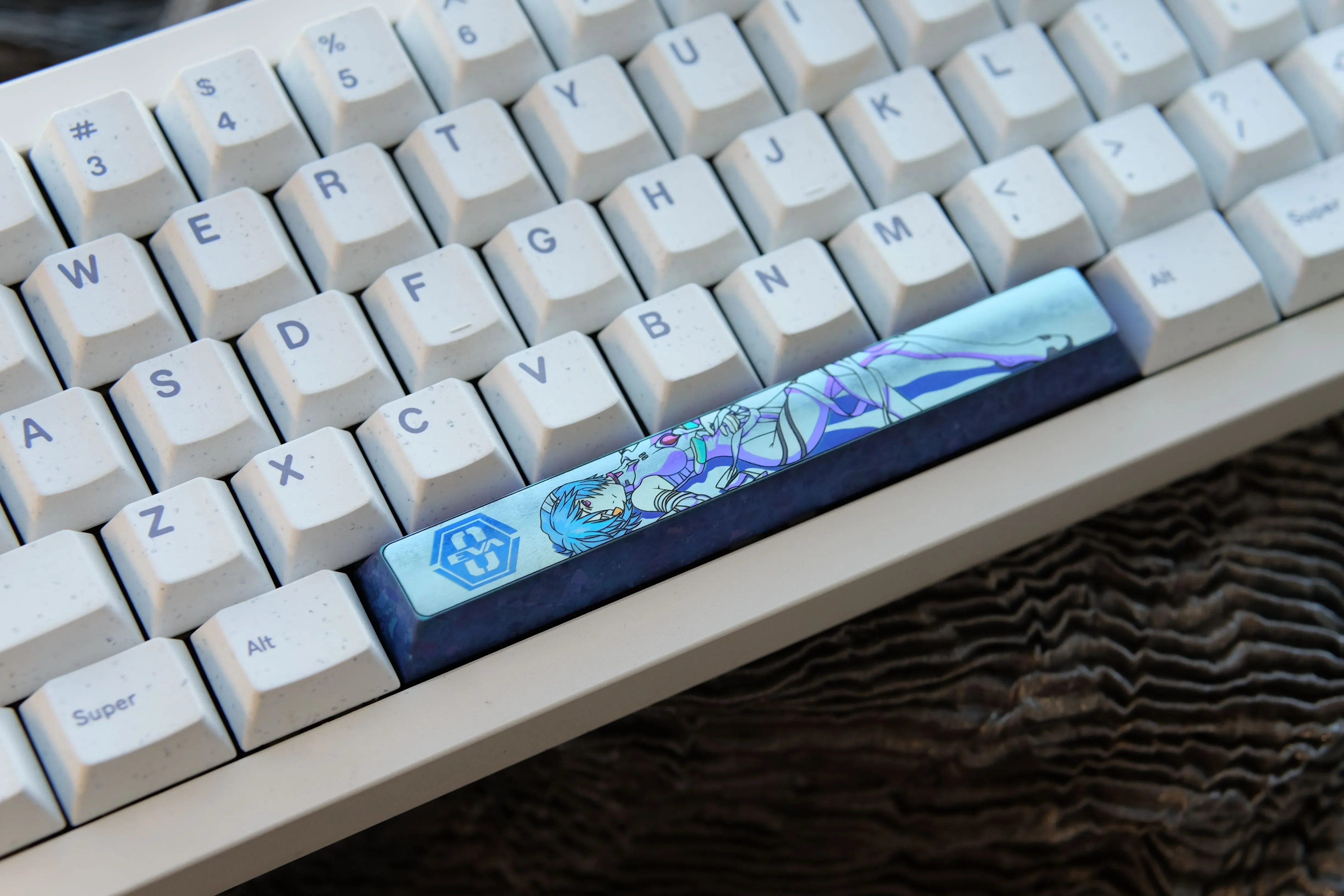 Ayanami Rei Keycap Titanium Space key product gallery, revealing vibrant Evangelion anime art on polished titanium, showcasing its premium sci-fi design.