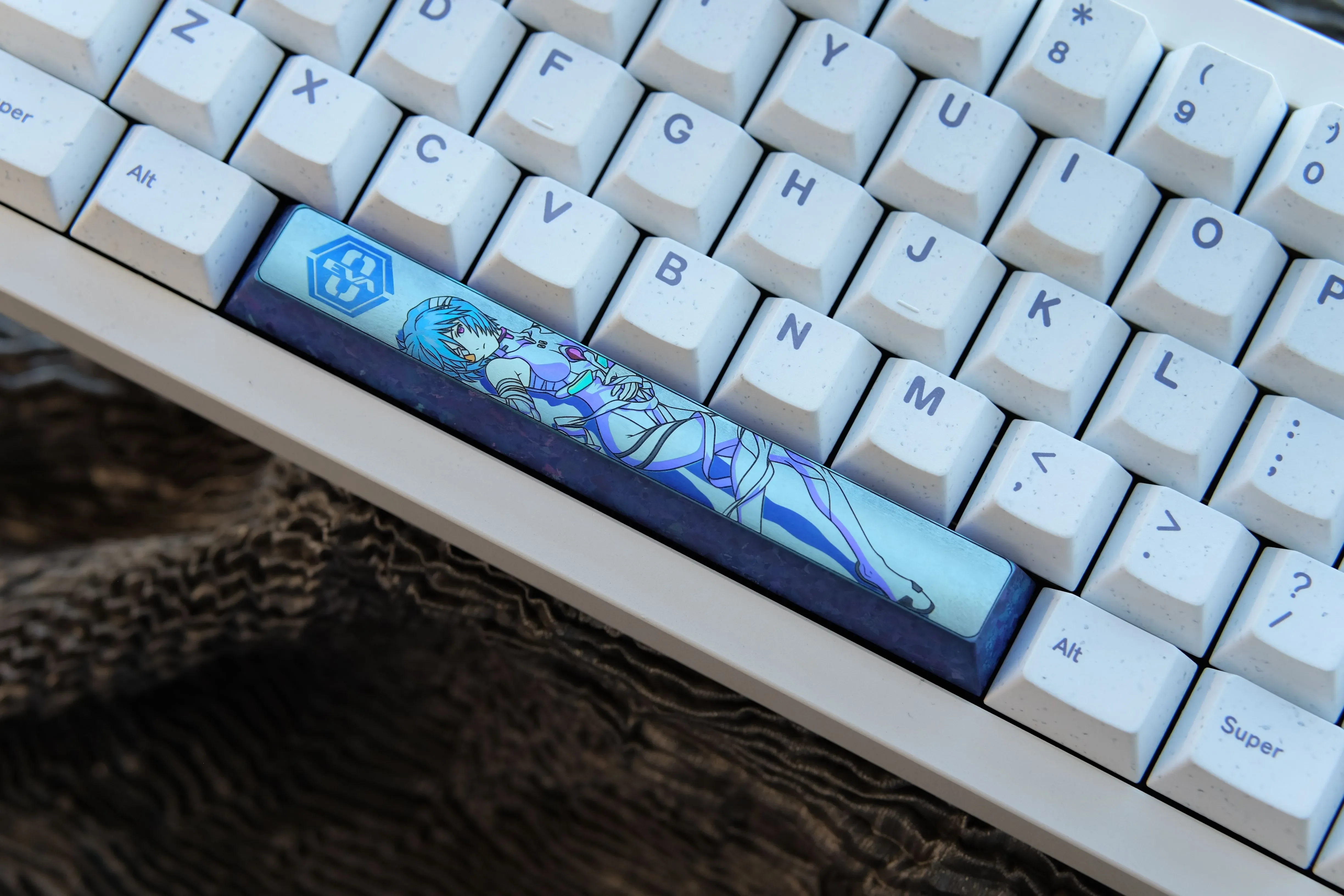 Multiple views of the custom Ayanami Rei Titanium Space key Keycap, highlighting the vibrant anime art and premium sci-fi design.