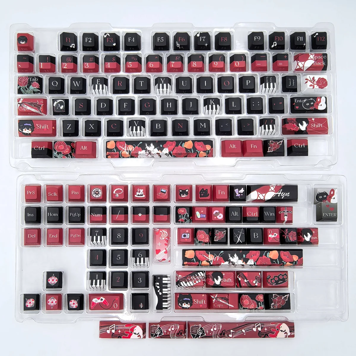 Ayn Keycap Set - double-shot PBT, showcasing various angles of the artistic, minimalist side-printed legends and exclusive character them.