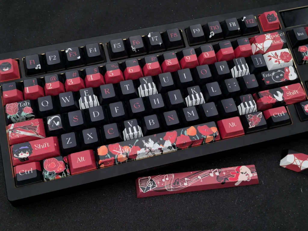 Ayn Keycap Set double-shot PBT keycaps. Main display reveals clean, minimalist tops and subtle, artistic side-printed legends.