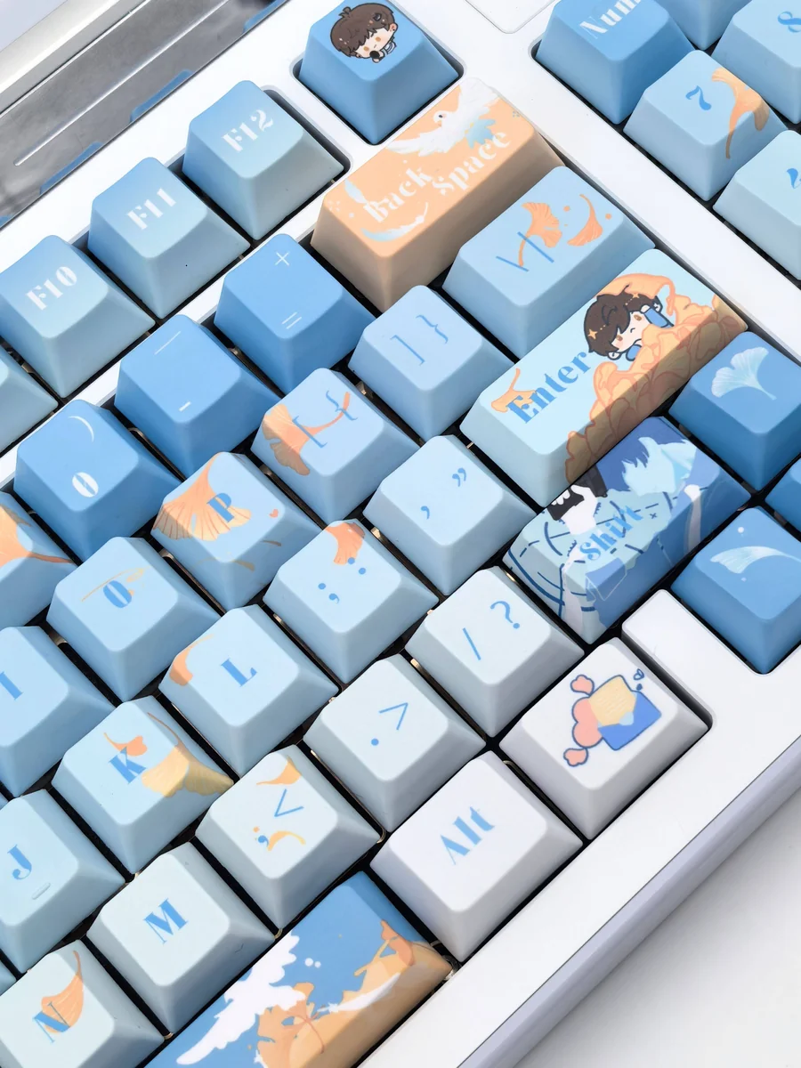 Exclusive Bai Qi PBT dye-sub keycaps, displaying elegant Love & Producer character motifs and a sophisticated cool palette from multiple angles.