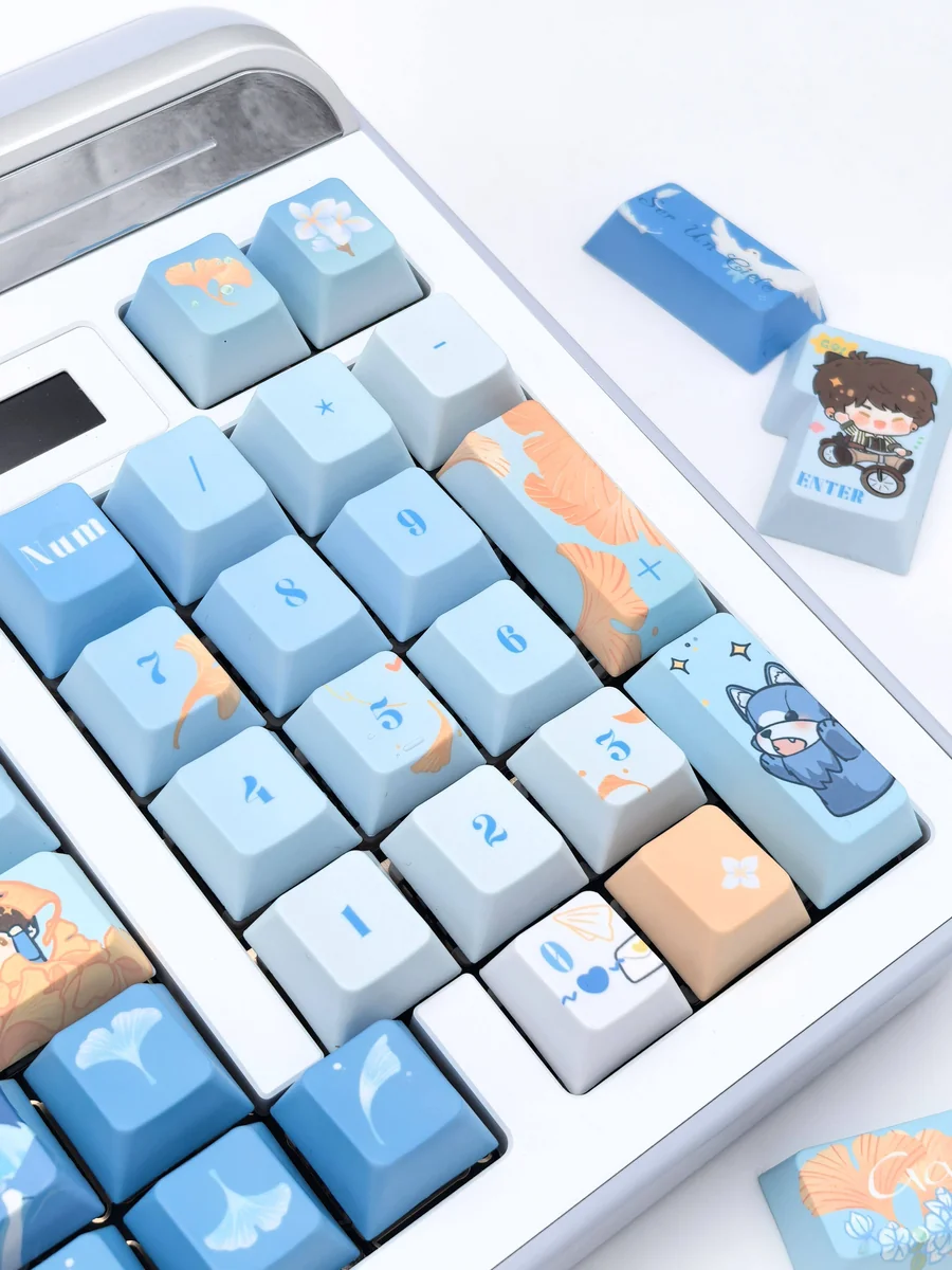 Bai Qi PBT dye-sub keycaps for Love & Producer homage, featuring elegant character motifs and cool tones across various angles.