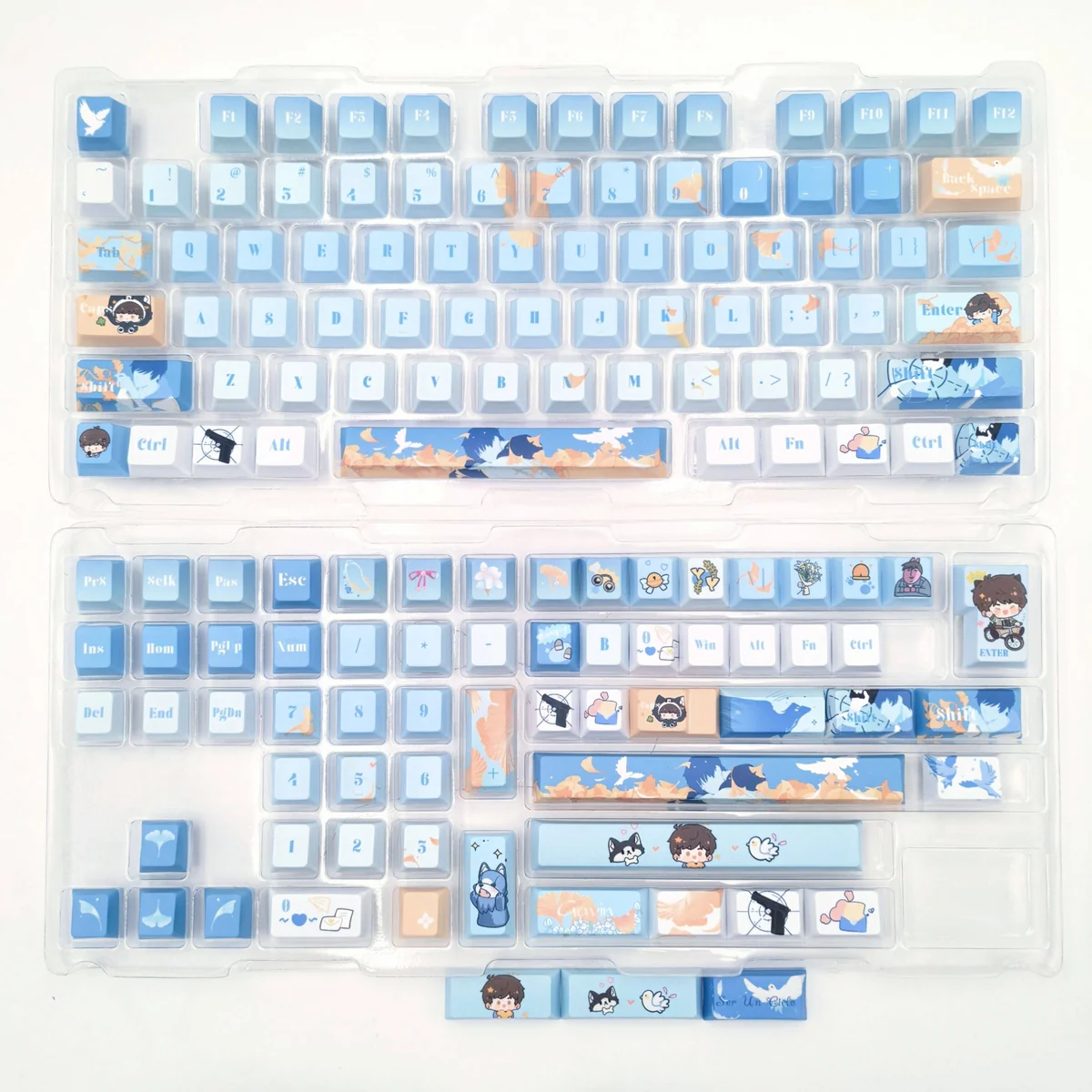 A detailed side view of the exclusive Bai Qi PBT dye-sub keycap set, highlighting elegant cool-toned character motifs from the Love & Producer homage.