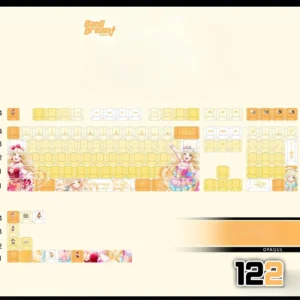 Official BanG Dream Tsurumaki Kokoro PBT keycaps set gallery, showcasing vibrant anime art, cheerful colors, and high-contrast legends from multiple angles.