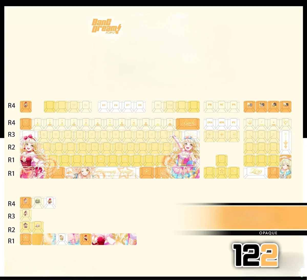 Official BanG Dream Tsurumaki Kokoro PBT keycaps set gallery, showcasing vibrant anime art, cheerful colors, and high-contrast legends from multiple angles.