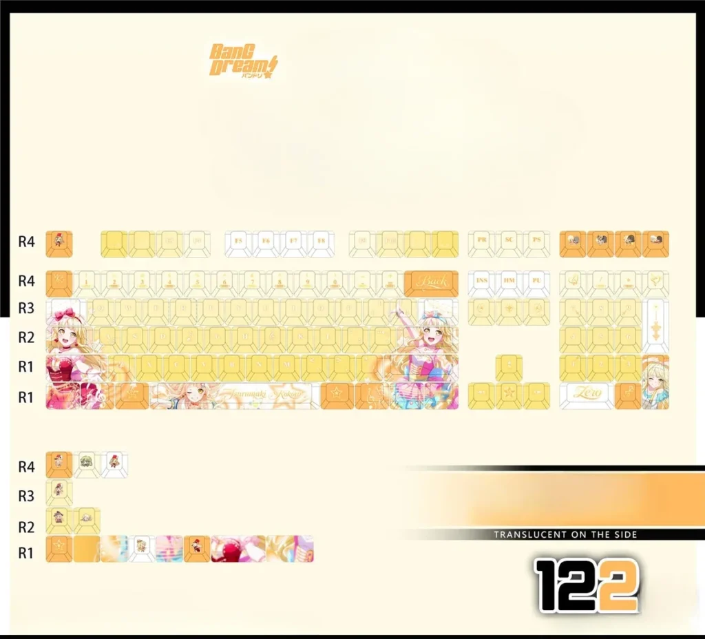 A gallery of official BanG Dream Tsurumaki Kokoro PBT keycaps set, showcasing vibrant anime character designs and durable PBT texture from various angles.
