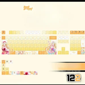 A gallery of official BanG Dream Tsurumaki Kokoro PBT keycaps set, showcasing vibrant anime character designs and durable PBT texture from various angles.