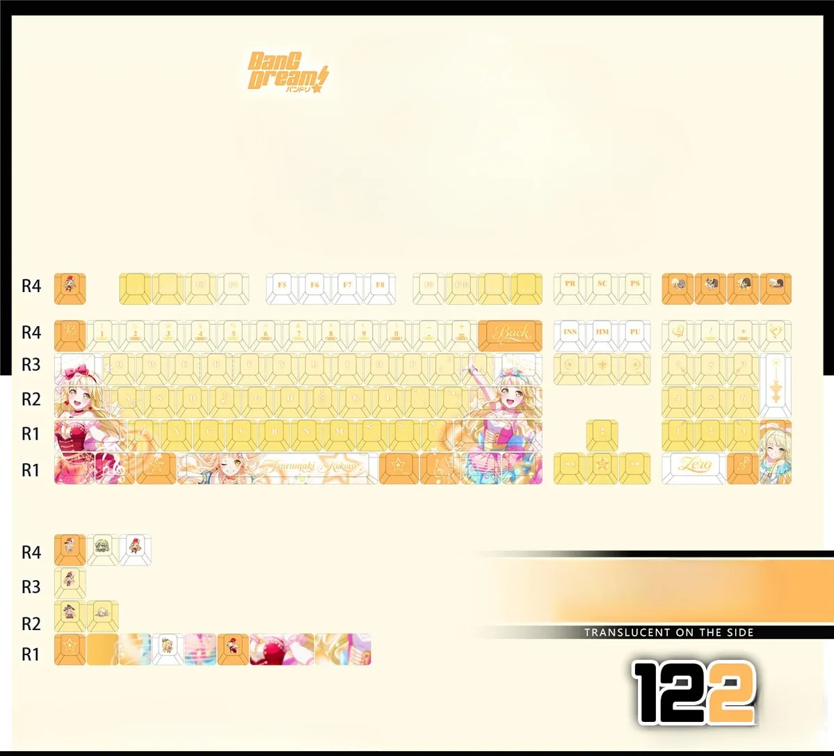 A gallery of official BanG Dream Tsurumaki Kokoro PBT keycaps set, showcasing vibrant anime character designs and durable PBT texture from various angles.