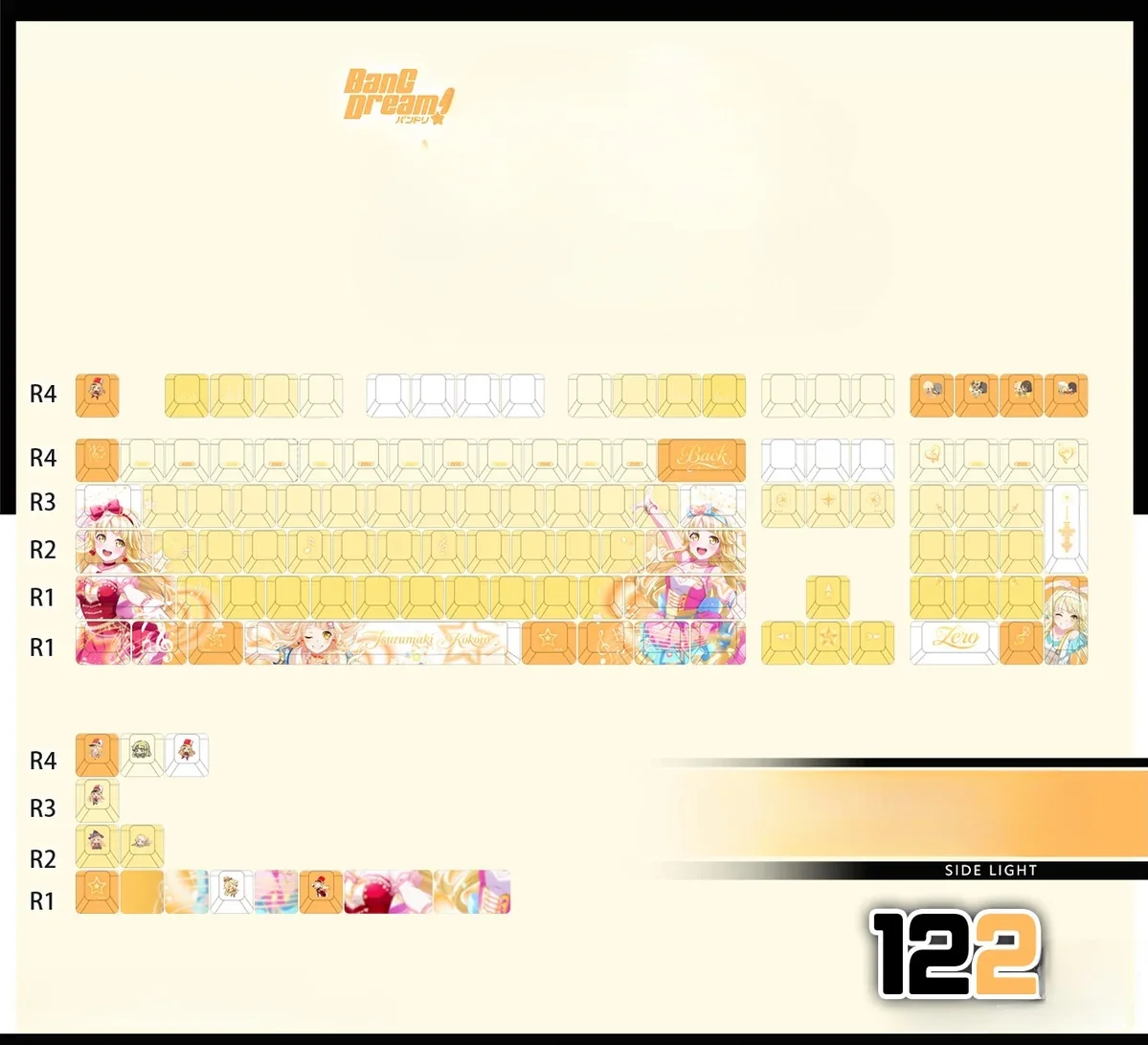 Official BanG Dream Tsurumaki Kokoro PBT keycaps set. See vibrant anime character art, cheerful colors, and high-contrast legends from multiple angles.