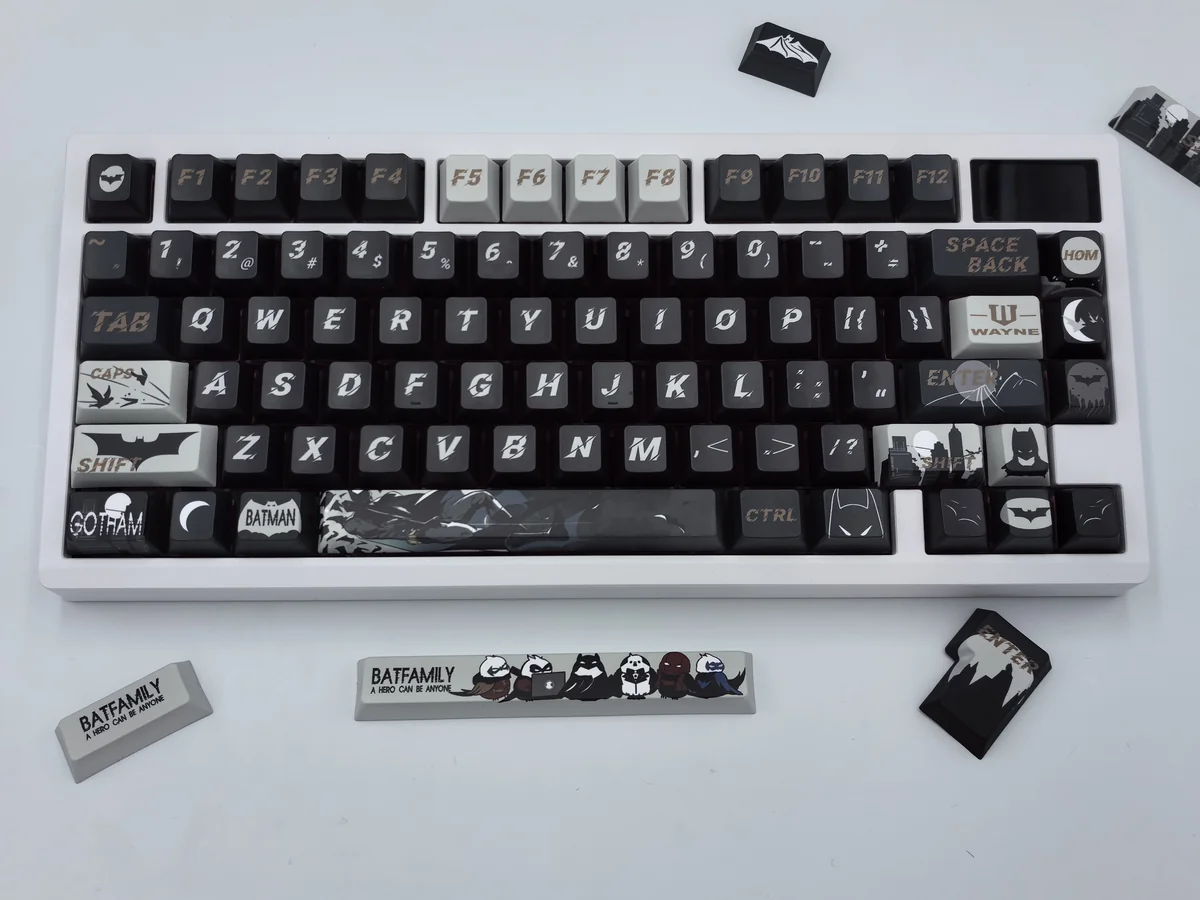 Premium DC Batfamily Batman keycaps set, featuring detailed sculpts from multiple angles, highlighting iconic dark designs and vibrant character accent.