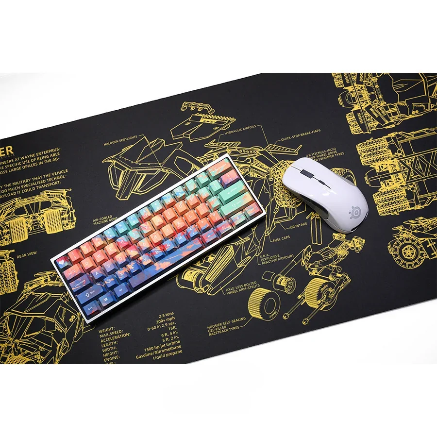 Premium extra-large waterproof Batman desk mat, showcasing classic Batmobile and dynamic comic art from multiple angles.