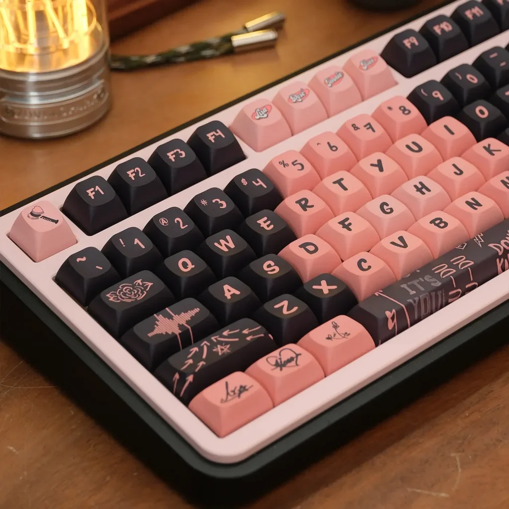 Exclusive Blackpink PBT dye-sub keycaps set, displaying vibrant black and pink motifs from multiple angles for custom mechanical keyboards.