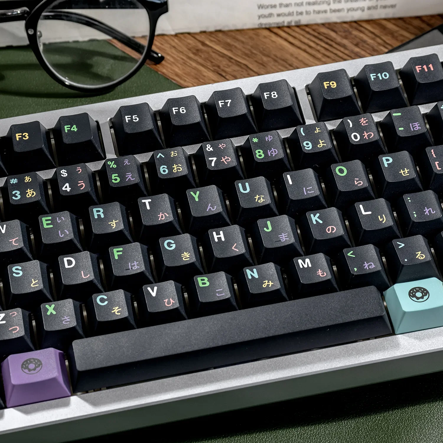 Playful gallery of whimsical blueberry donut magnetic switch keycaps set, showing vibrant PBT dye-sub designs from various angles, perfect for Wooting keyboard.