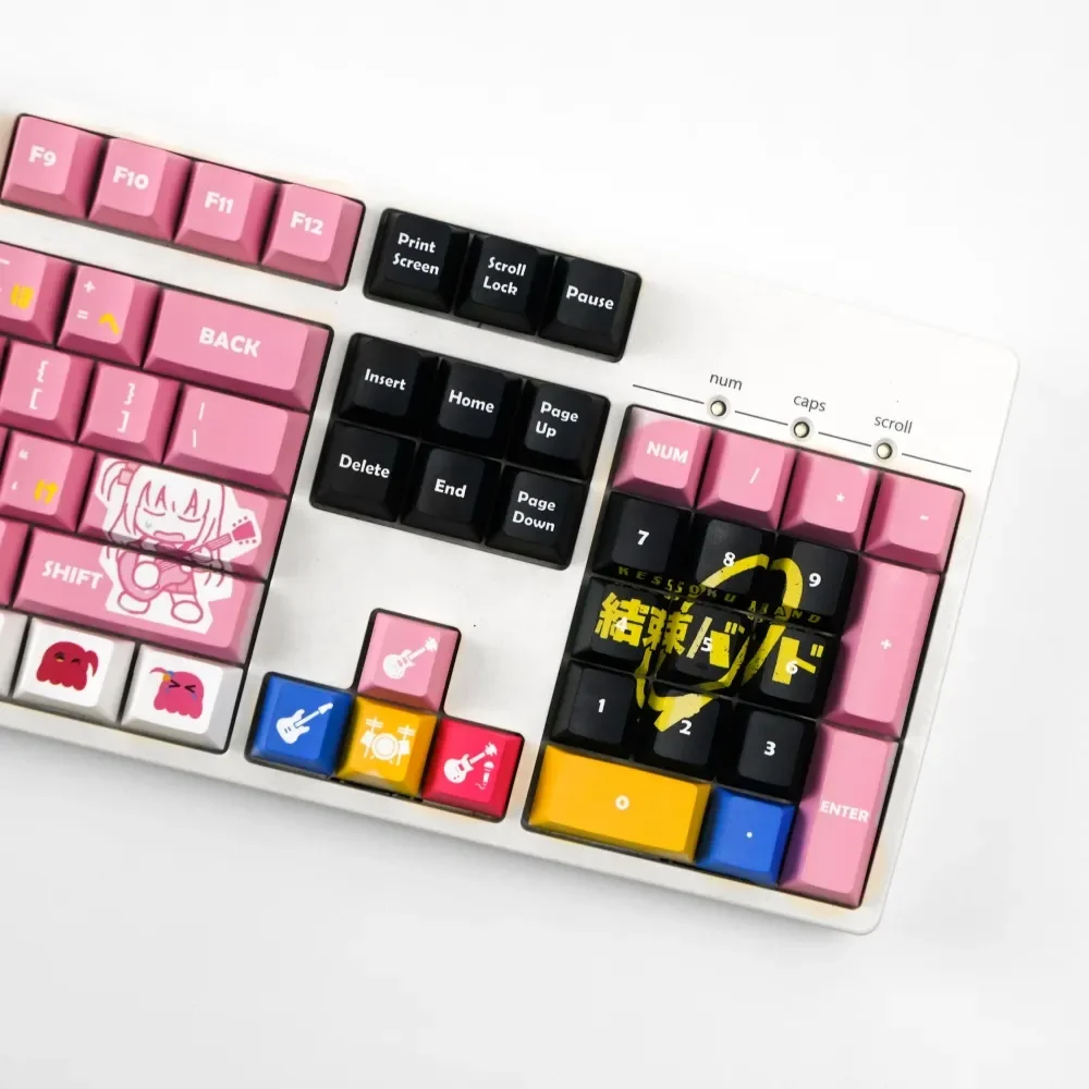Vibrant Bocchi Keycaps set showcasing various Kessoku Band PBT custom mechanical keys from multiple angles, highlighting artistic anime designs.