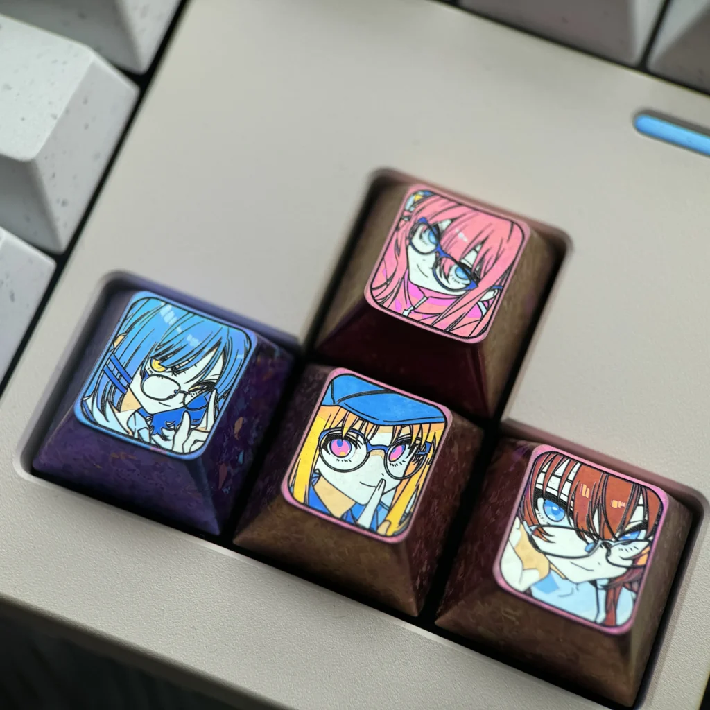 Vibrant Premium Titanium Bocchi Keycaps set featuring Hitori Gotohs iconic glasses and anime directional keys, showcasing artistic craftsmanship.