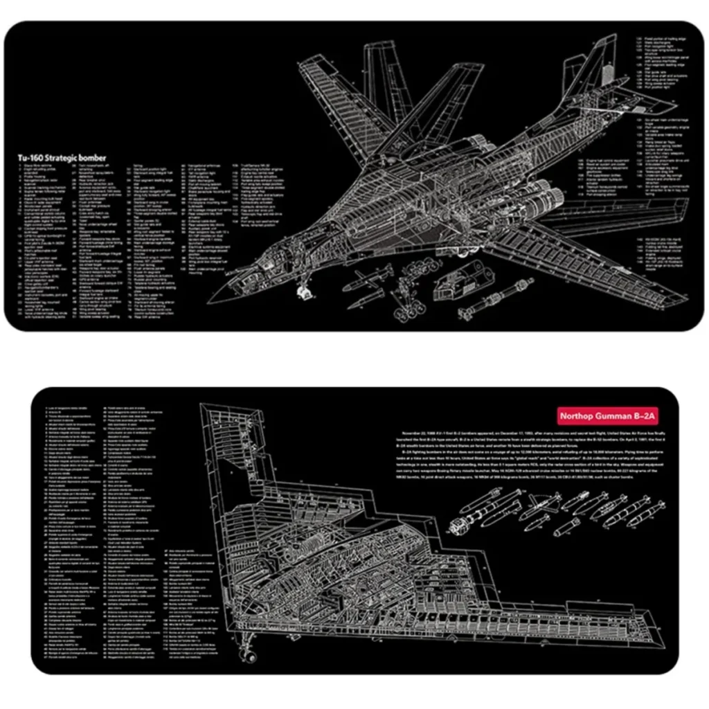 Premium Bomber Desk Mat displaying iconic stealth bomber silhouettes in tactical black and grey, engineered for oversized gaming performance.