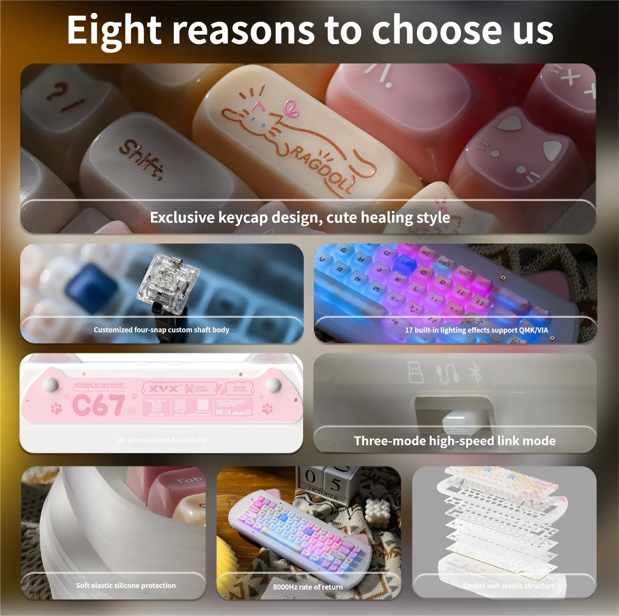 C67 Adorable Ragdoll keyboard, a tri-mode custom mechanical, displaying its layered acrylic stacked case and whimsical cat aesthetic.