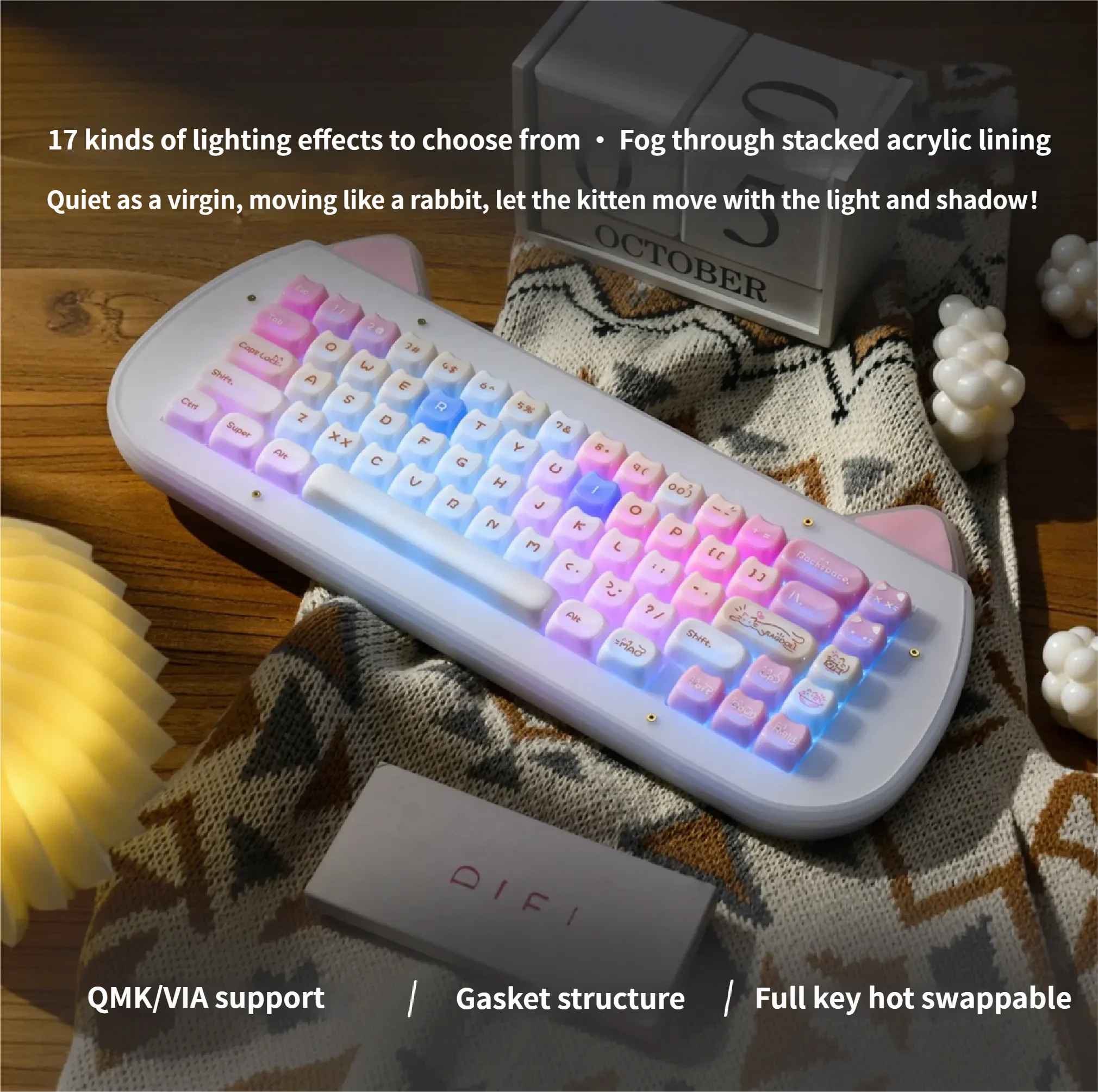 Playful Ragdoll keyboard gallery. Layered acrylic, whimsical cat design, tri-mode mechanical features shown from all angles.