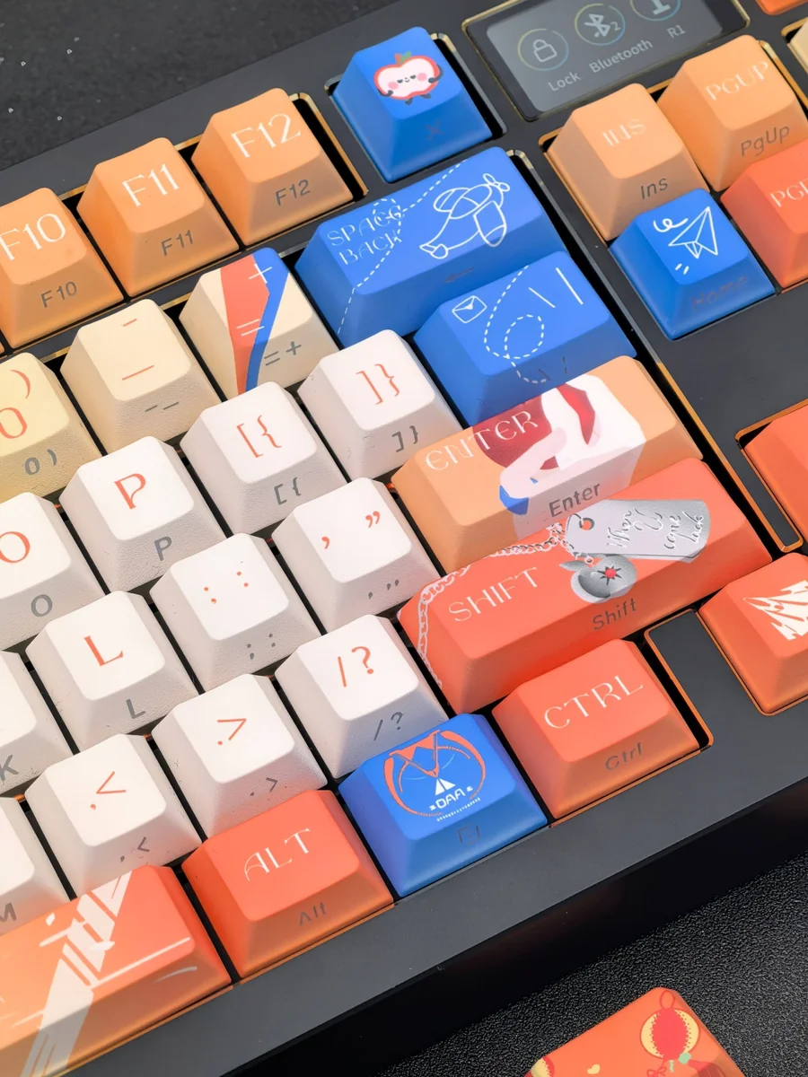 Detailed views of the premium Caleb Keycap Set, showcasing the unique side-printed legends and elegant character-inspired aesthetics.