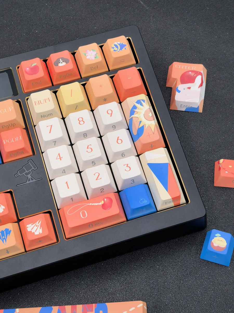 Multiple perspectives of the exclusive Caleb Keycap Set, emphasizing the elegant side-printed legends and premium, character design.