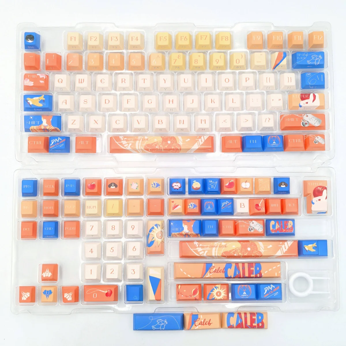 Multiple perspectives of the exclusive Caleb Keycap Set, emphasizing the elegant side-printed legends and premium, character setup.