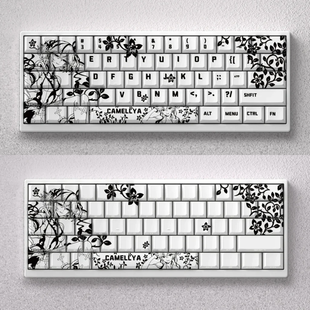 A captivating product display of Camellya Keycap Set, showcasing their elegant, nature-inspired artistry designed for 60% and 65% compact keyboards.