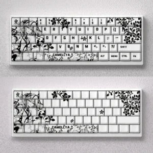 A captivating product display of Camellya Keycap Set, showcasing their elegant, nature-inspired artistry designed for 60% and 65% compact keyboards.