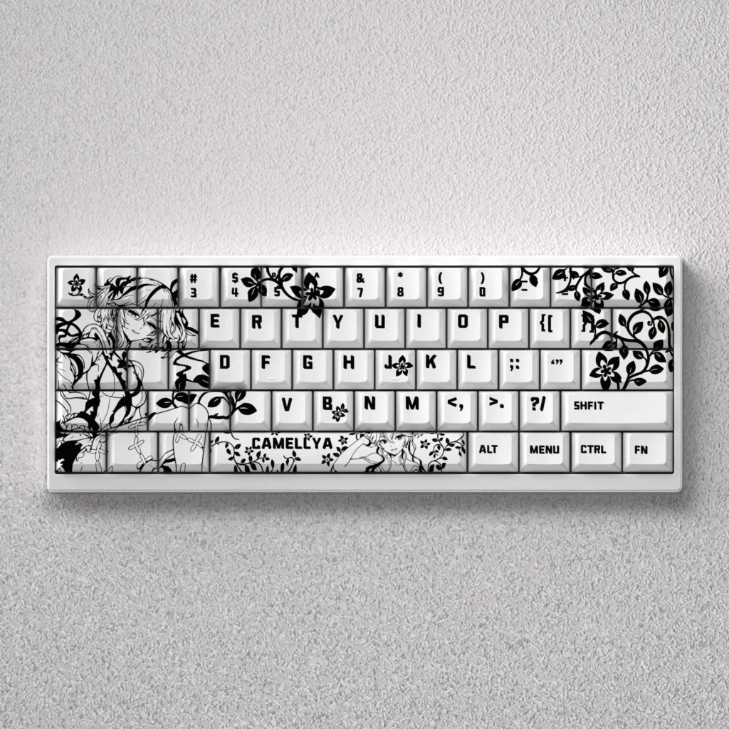 Camellya Keycap Set gallery displaying the elegant, gaming-inspired design across 60% 65% keyboards, showcasing its serene and premium aesthetic.