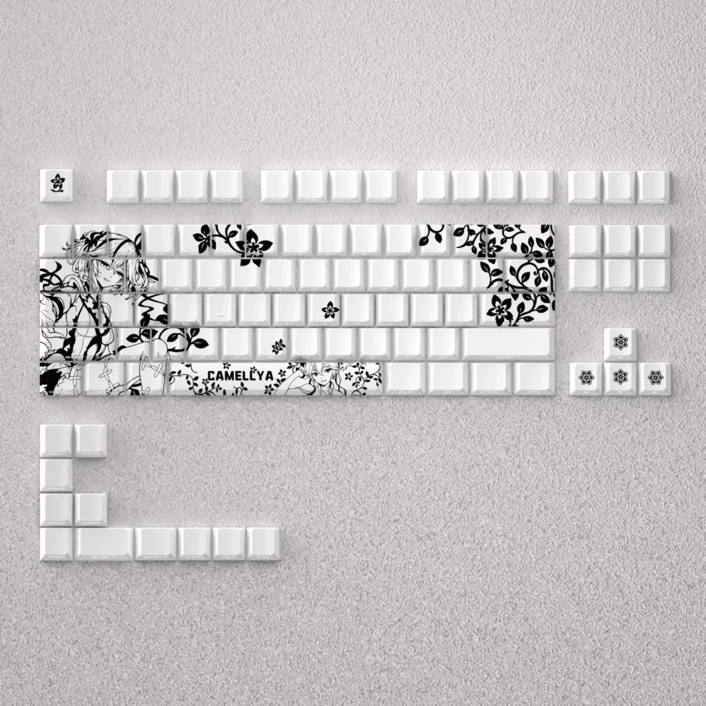 Elegant Camellya Keycap Set showcasing serene, gaming-inspired artistry designed for 60% and 65% compact mechanical keyboards.
