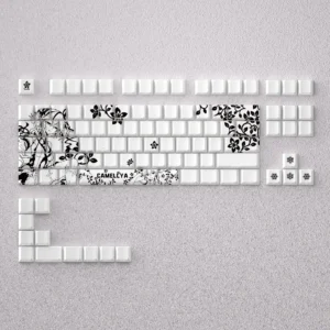 Elegant Camellya Keycap Set showcasing serene, gaming-inspired artistry designed for 60% and 65% compact mechanical keyboards.
