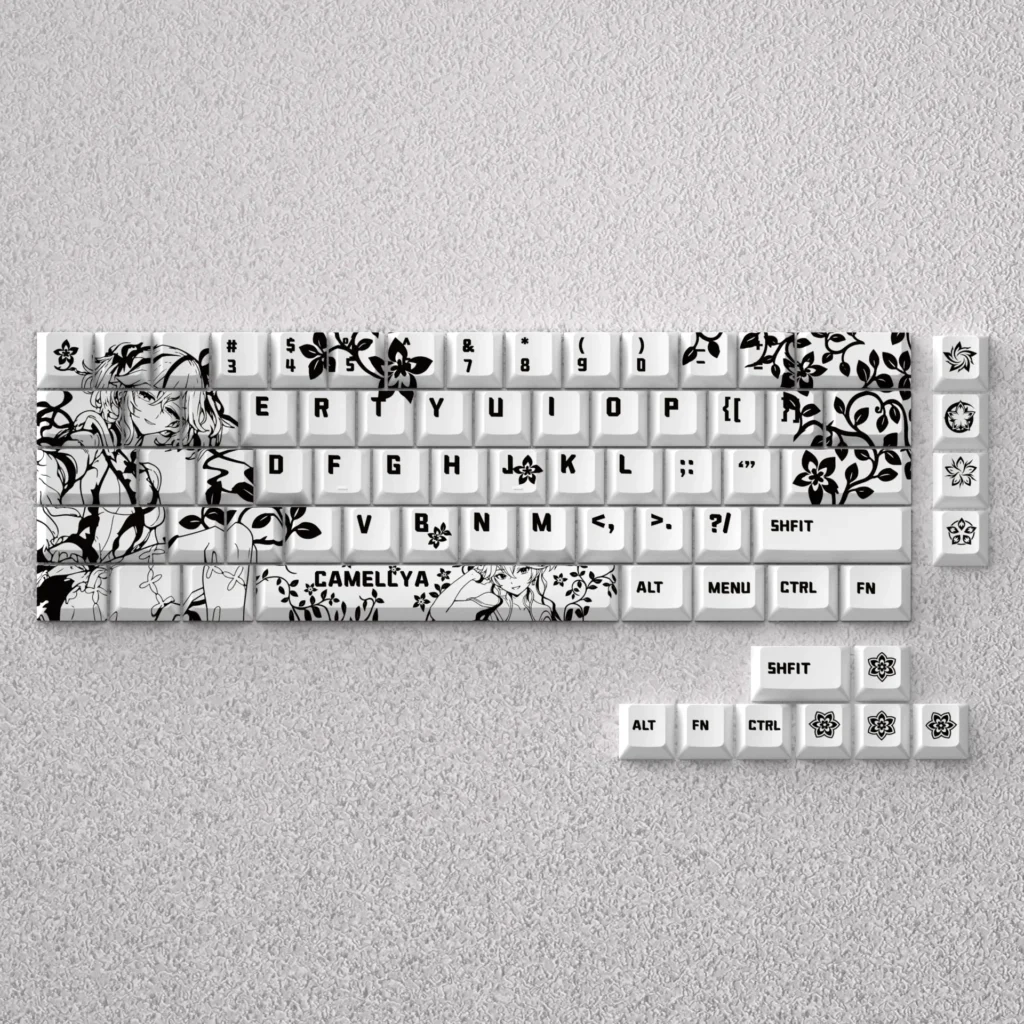 A captivating product display of Camellya Keycap Set, showcasing their elegant, gaming-inspired artistry designed for 60% and 65% compact keyboards.