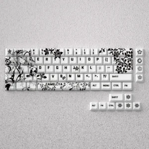 A captivating product display of Camellya Keycap Set, showcasing their elegant, gaming-inspired artistry designed for 60% and 65% compact keyboards.