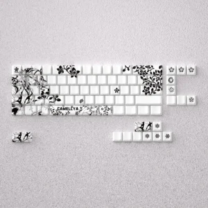Elegant Camellya Keycap Setwith serene, gaming-inspired design on display. Perfect for 60% 65% keyboards, offering a premium, artistic aesthetic.
