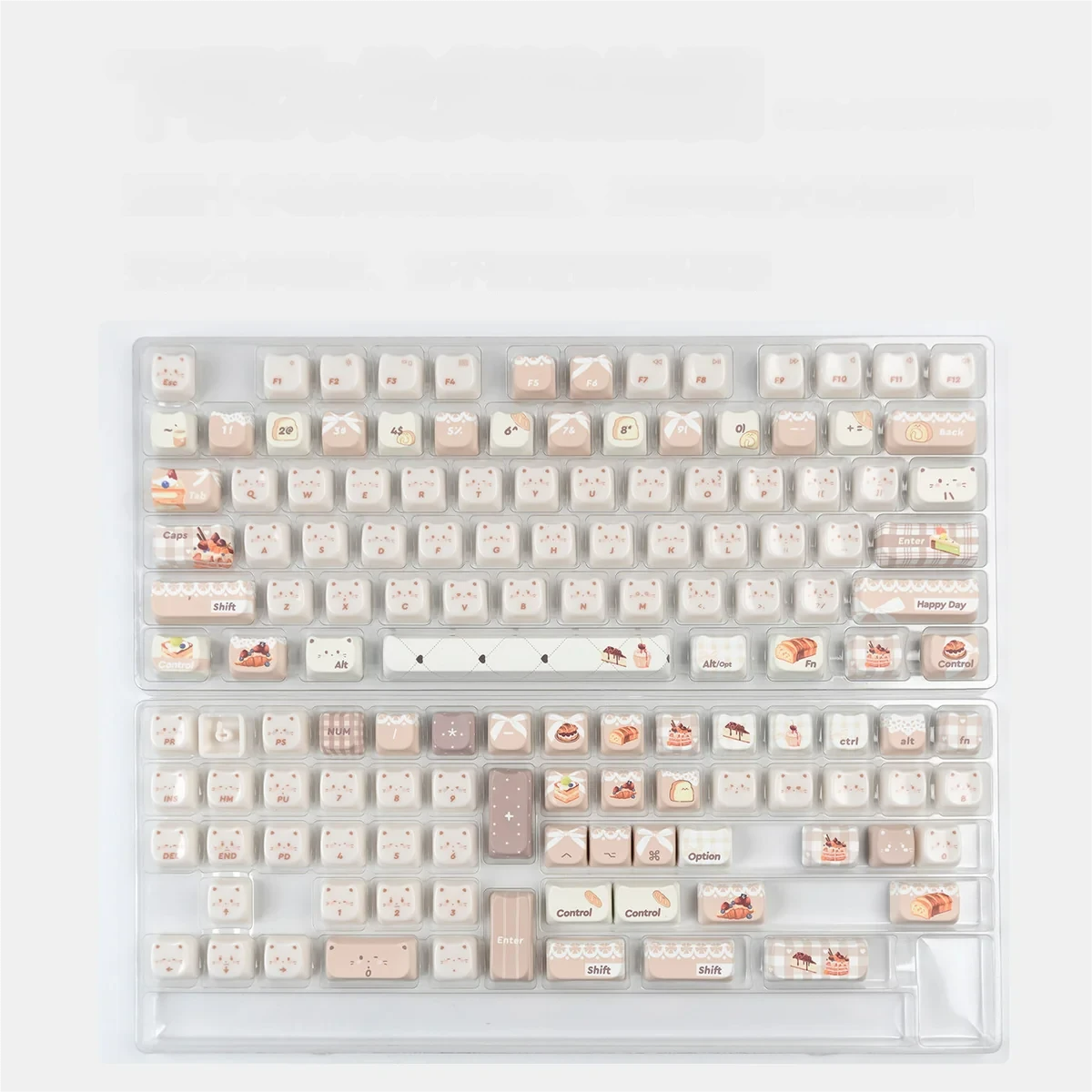 A collection of adorable Baking Cat MAO Keycap Set, showcasing whimsical designs and smooth jade-like finish from various angles, perfect for cat lovers.