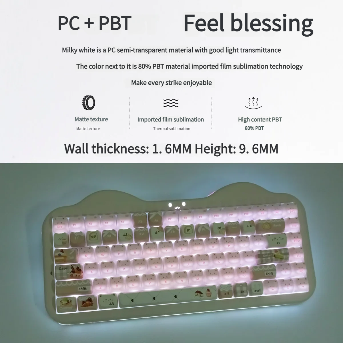 Baking Cat MAO Keycap Set: whimsical designs, smooth jade-like finish, vibrant RGB compatible, shown from multiple angles.