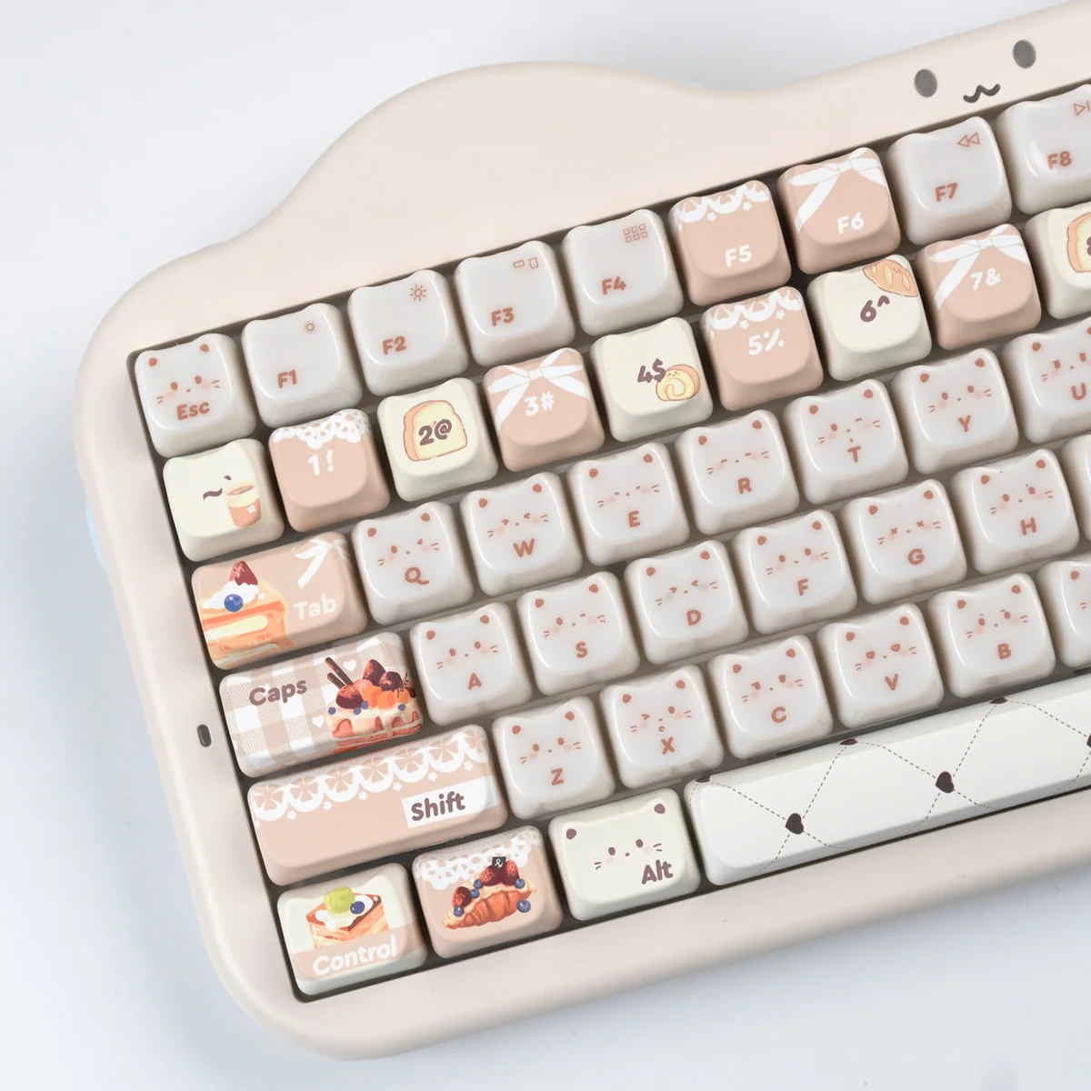 Whimsical Baking Cat MAO Keycap Set, showcasing adorable culinary designs, a smooth jade-like finish, and vibrant RGB readiness.