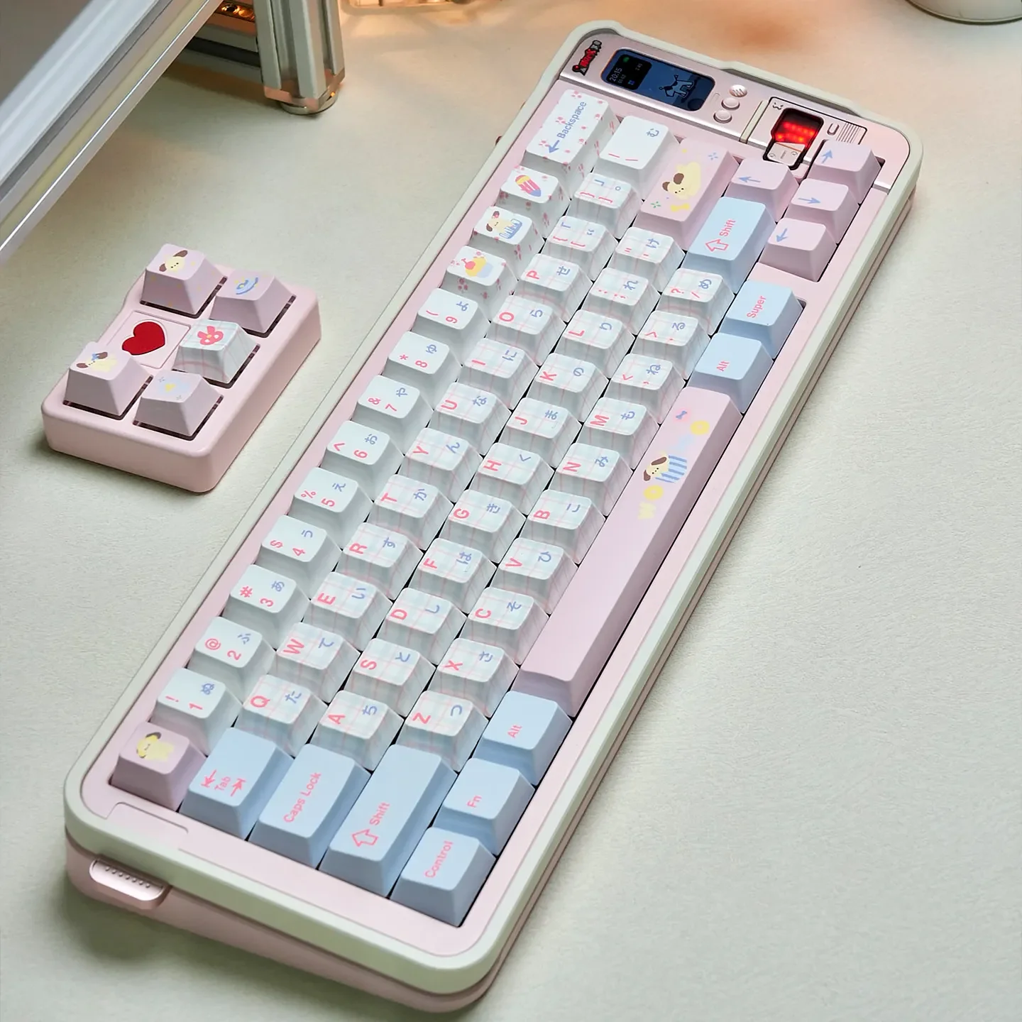 Exclusive Chalk Puppy PBT Dye-sub Keycaps set, showing the whimsical chalk-art puppy designs in soft, muted tones from multiple playful angles.