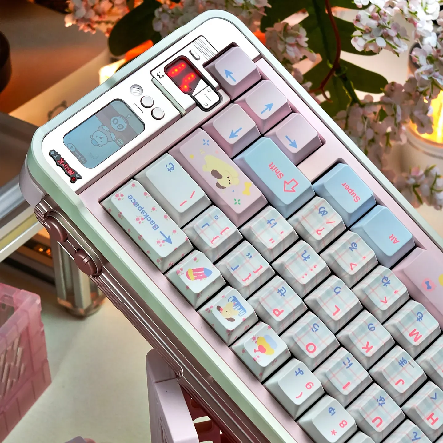 Exclusive Chalk Puppy PBT Dye-Sub Keycaps set, showcasing whimsical chalk-art puppies in soft, muted tones from multiple playful angles.