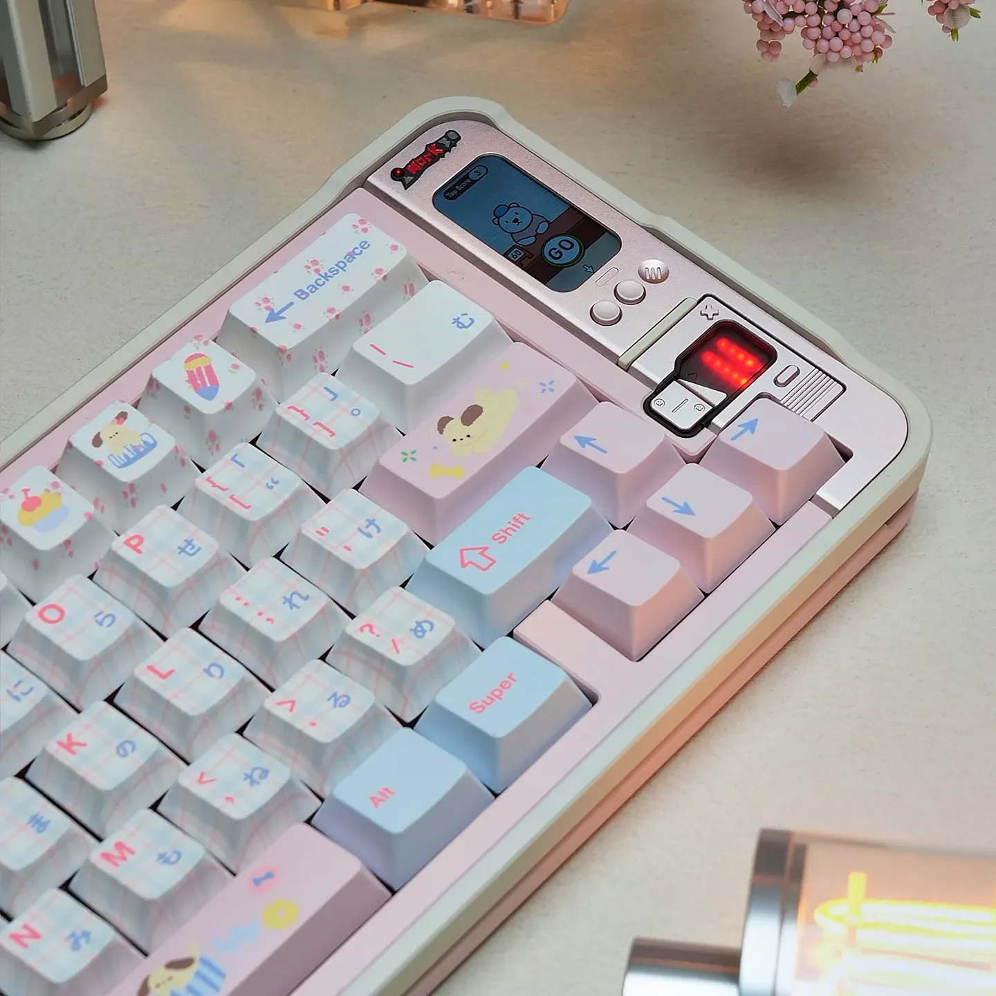 A playful arrangement of Exclusive Chalk Puppy PBT Dye-sub Keycaps Set, highlighting charming whimsical chalk-art puppies in soft, muted tones design.