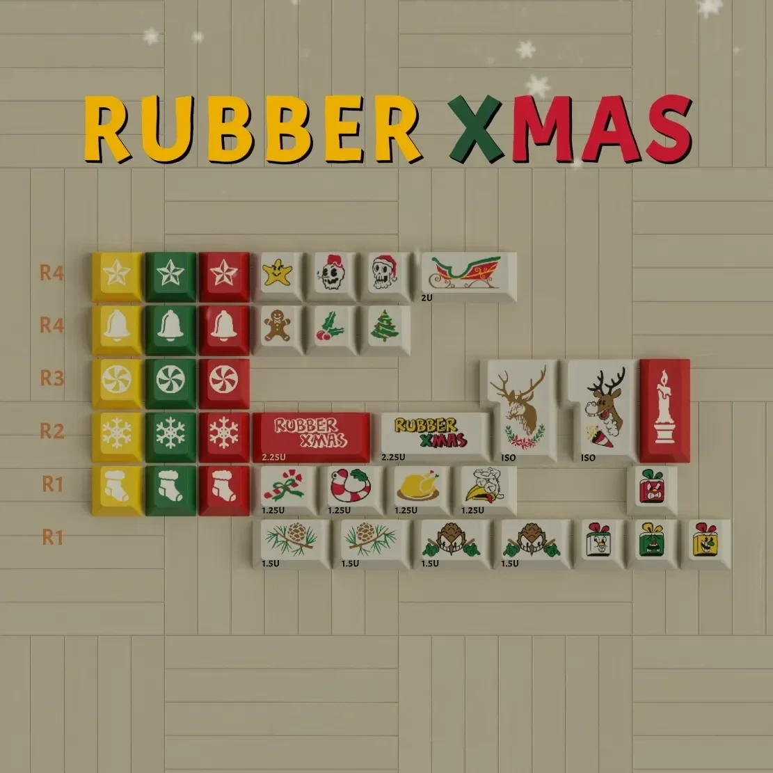 Delightful Rubber Christmas Keycap Set showcasing whimsical tactile characters and soft festive colors for unique keyboard decor.