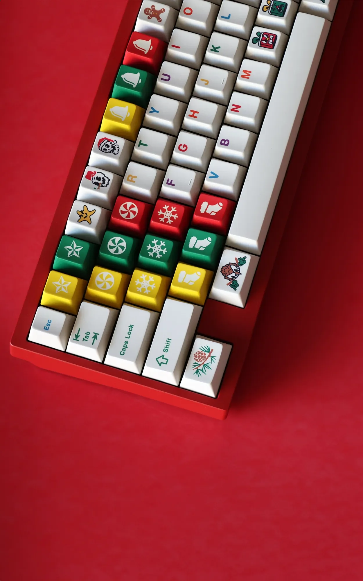 Whimsical Rubber Xmas Tactile Christmas Keycap Set artfully displayed, showcasing diverse festive characters and soft, playful colors.