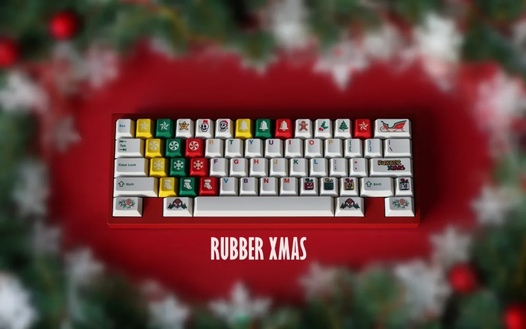 Whimsical Rubber Christmas Keycap Set showcasing tactile festive characters in soft holiday colors, perfect for unique keyboard decor.
