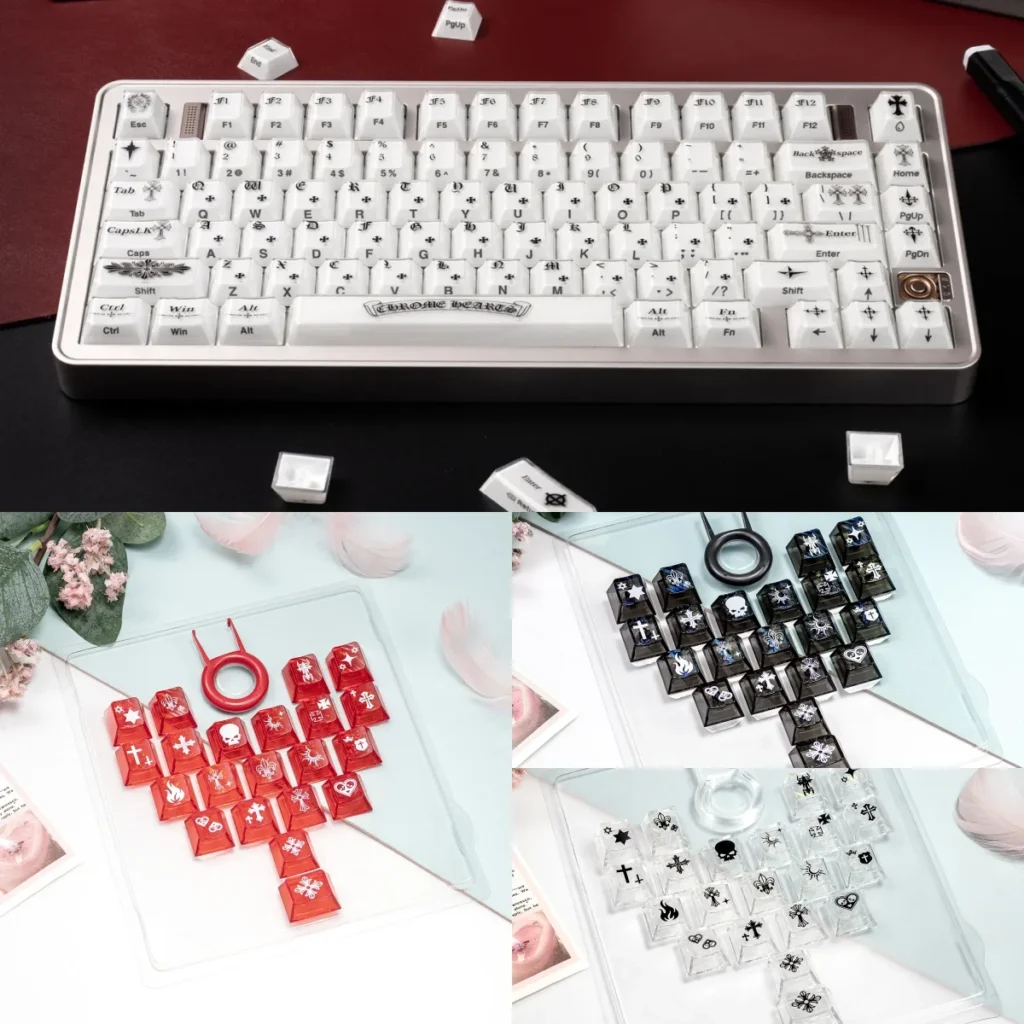 Artistic Mint Crystal Jelly Chrome Hearts Keycap Set, featuring stunning side-engraved gothic heart and cross designs in translucent PC+ABS.