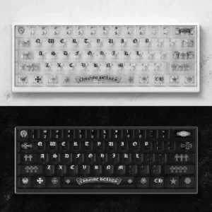 Striking Gothic luxury Chrome Hearts keycaps set, frosted translucent PC, elegantly displaying iconic design with an ethereal glow.