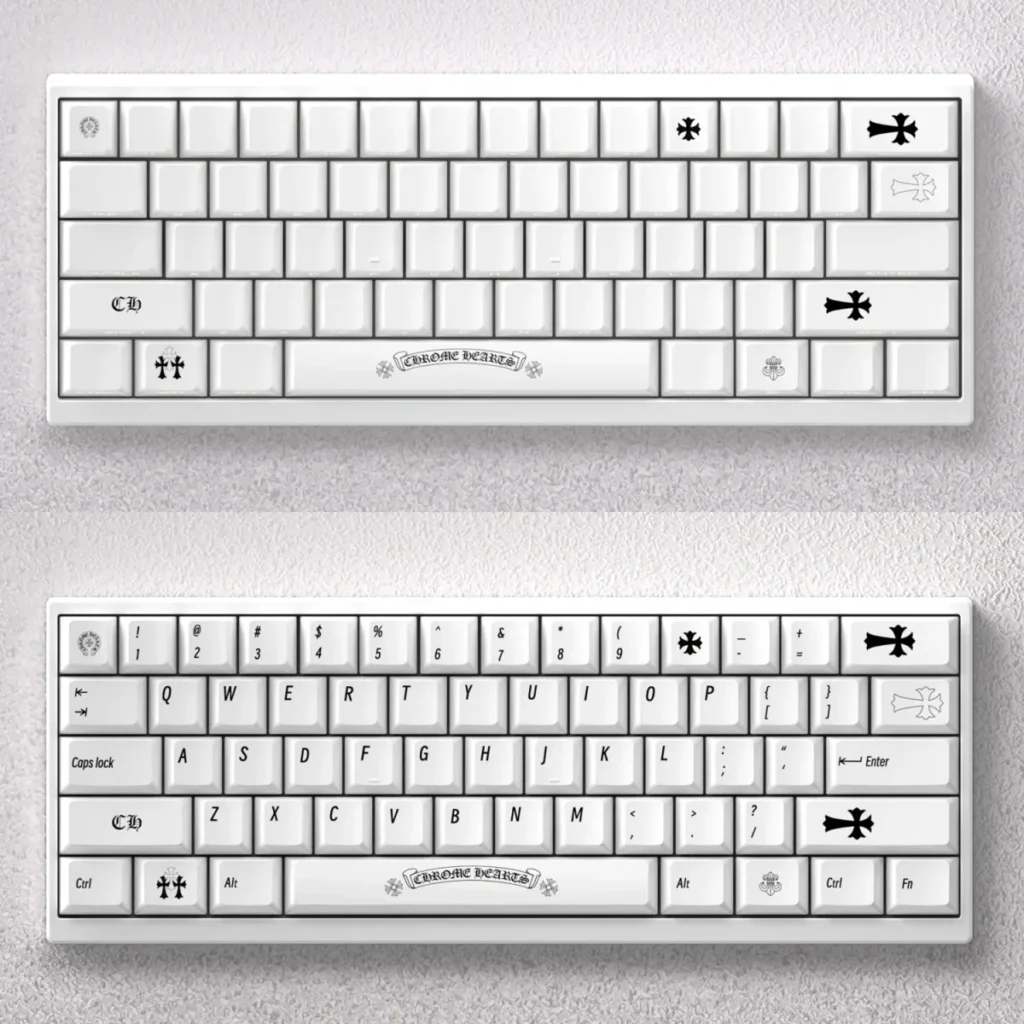 Gothic-inspired Chrome Hearts Keycaps custom PBT set, displaying iconic motifs, minimalist lines, and a premium finish for an edgy desktop.