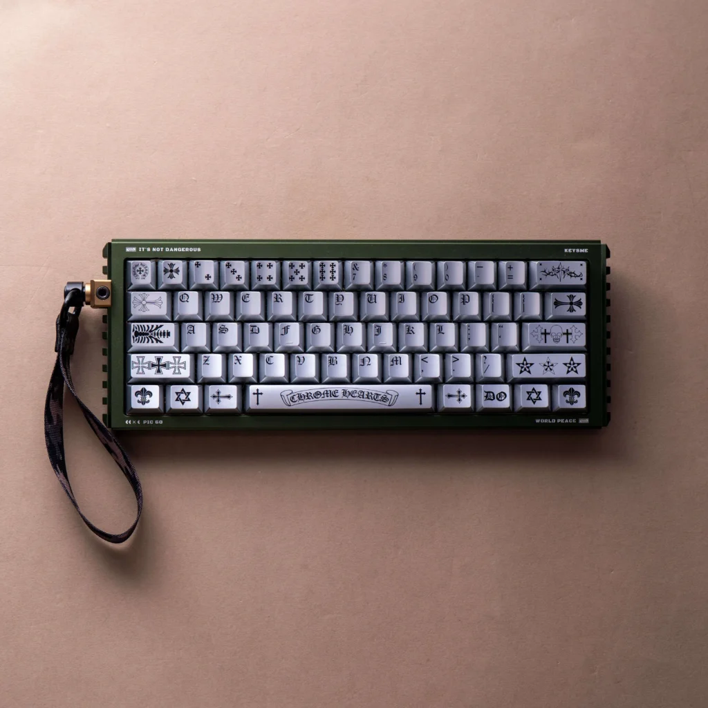 Dark gothic Chrome Hearts Keycap Sett with distressed metal texture, showcasing Chrome Hearts style for an edgy, premium keyboard accent.